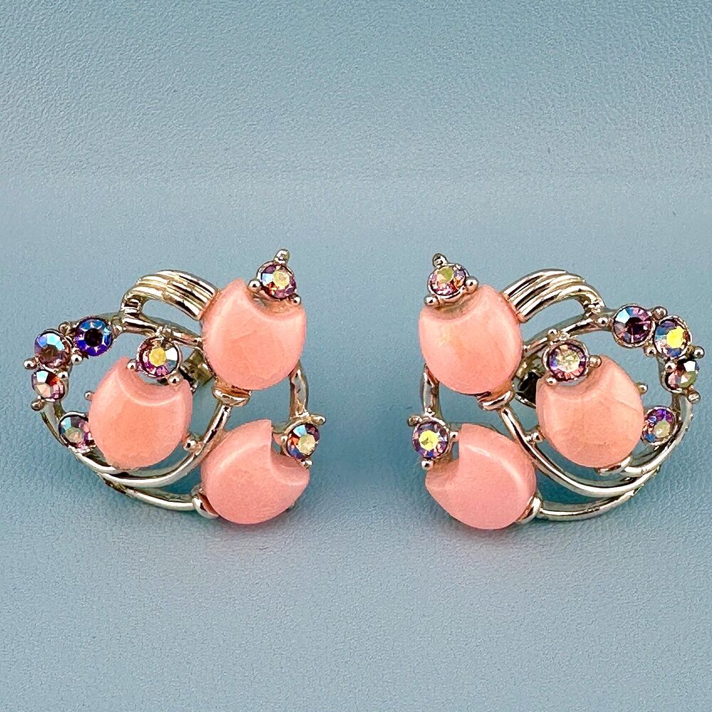 Vintage Rhinestone Earrings Pink Thermoset Flower Spray AB Silver Tone Signed